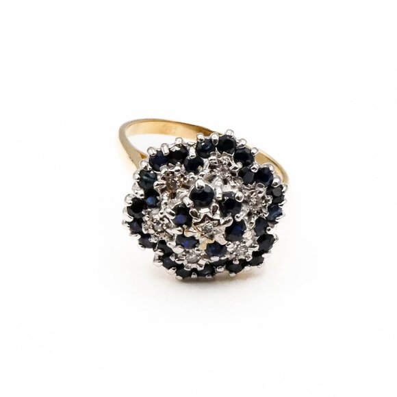 Vintage Sapphire And Diamond Flower Cluster Gold Ring Size 8.5 Inches - Picture 1 of 6